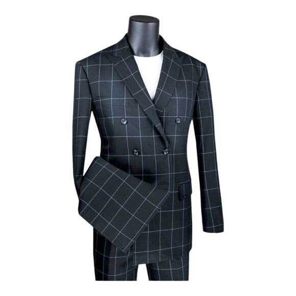 MEN'S VINCI 2 PIECE MODERN FIT WINDOWPANE DOUBLE BREASTED SUIT. MDW-1 BLACK. - Picture 3 of 3